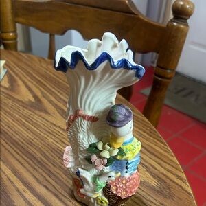 Vintage Colorful Ceramic Vase with Florals and Bird Design